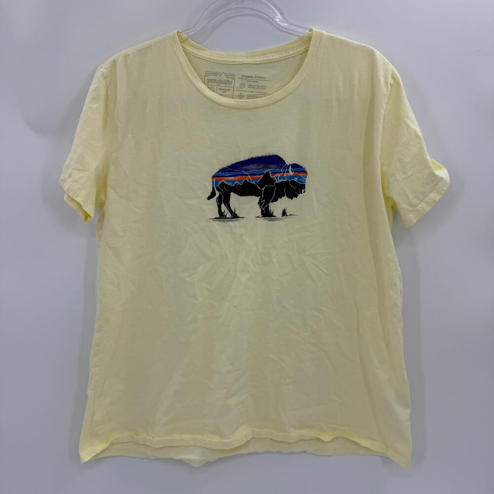 PATAGONIA Buffalo Graphic Short Sleeve T-Shirt Size XL Boxy Cotton Yellow Womens